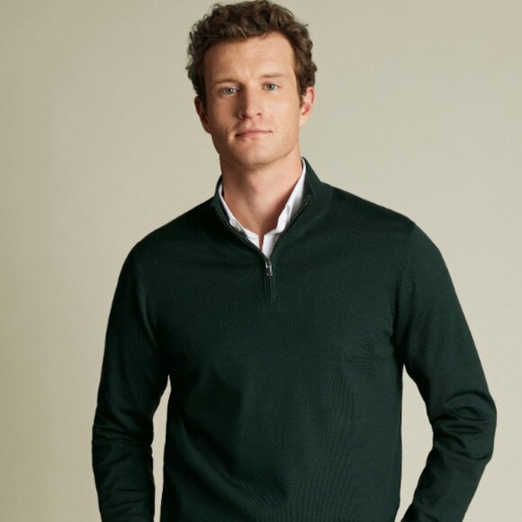 Charles Tyrwhitt Merino Quarter Zip Sweater - Forest Green - XL - NWT - Picture 1 of 3